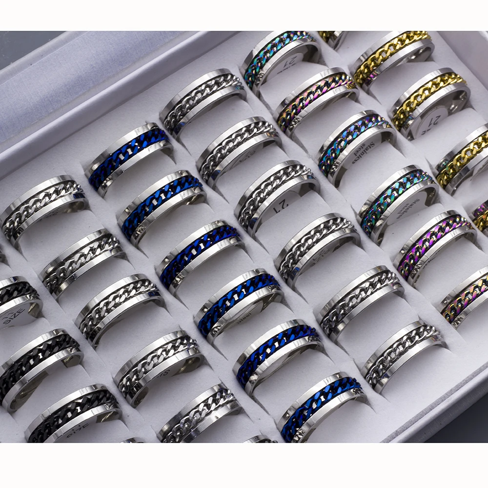 20pcs/lot Cool Spinner Chain Titanium Steel Rotatable Rings For Women Men Jewelry Party Gifts Mix Color Wholesale 6