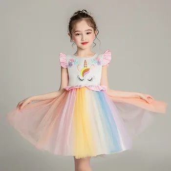 

Girl's formal dress O neck sleeveless short ponchos piano show host summer princess birthday ceremony wedding flower girl dress