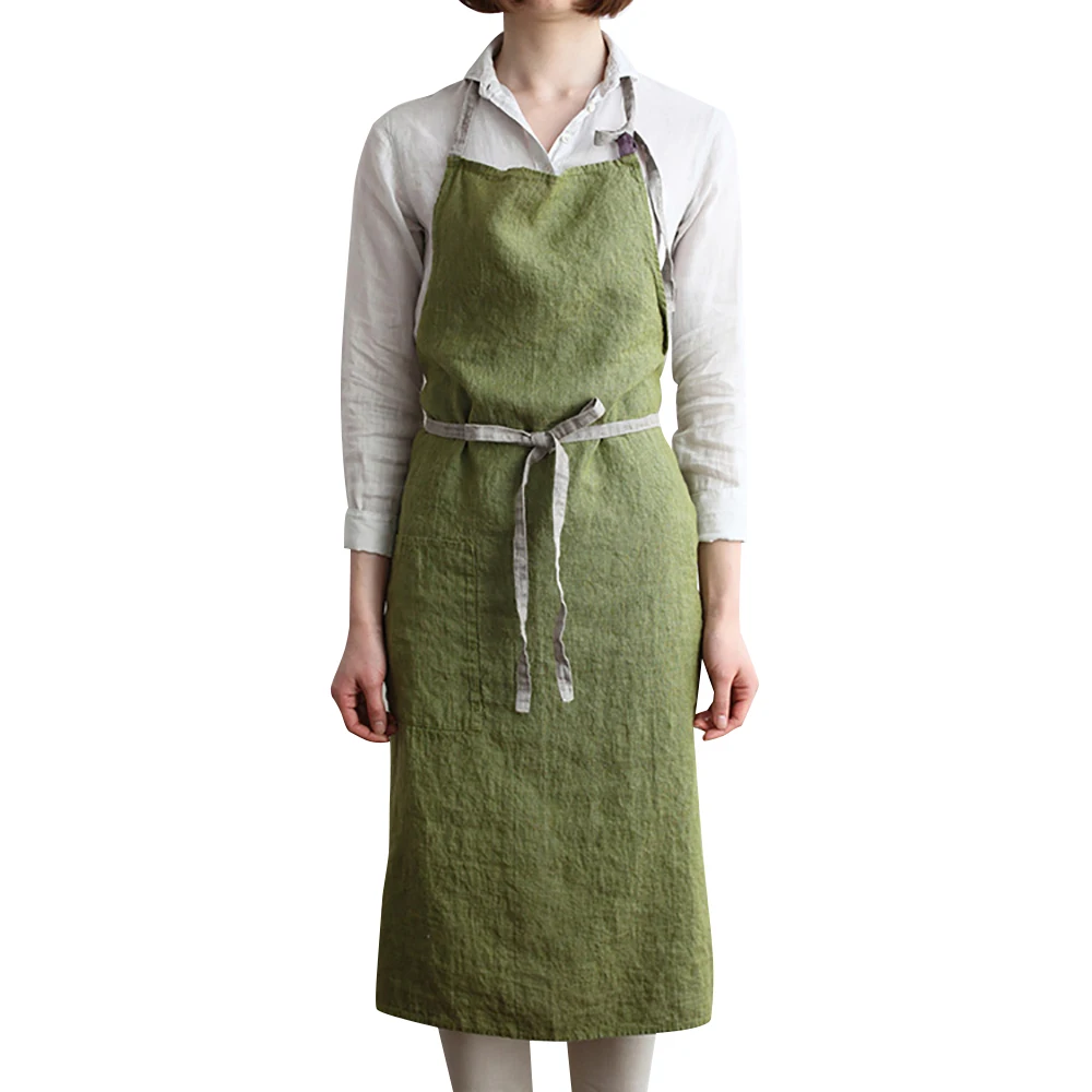 BAVER Premium Fashion Handmade Japanese Style Linen Apron with Packets for Kitchen Coffee Shop Waiter Studio dress - Цвет: Green