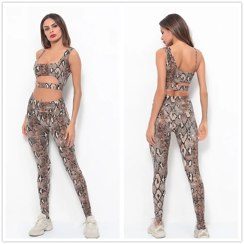 

Snakeskin Pattern Hollow Vest Bra Compression Pants 2 Piece Yoga Set Gym Clothes Sport Suit Stretchy Tracksuit for Fitness 2019