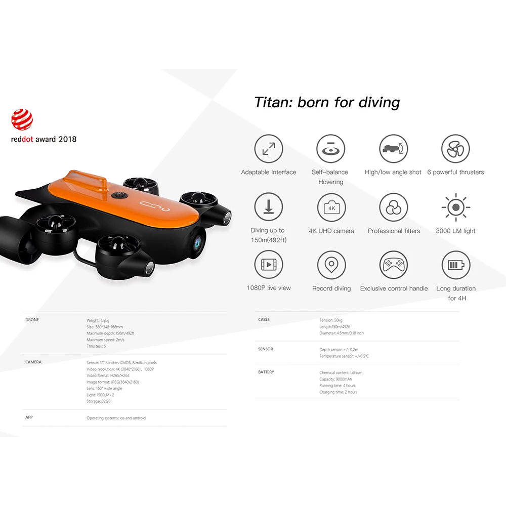 Подводный беспилотный робот Geneinno Titan Inteligence Undersea Detection широкоугольный FOV 360 ° спасательный 160 ° Движение 4K камера T1 RC