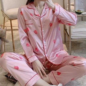 

Women Pajama Sets Silk Satin Pijama Turn-down Collar Sleepwear Long Sleeve Nightwear Femme 2 Pieces Sets Homewear Robe Sets Full