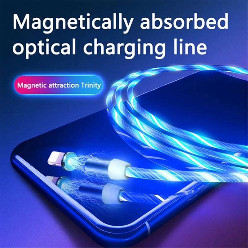 Кабель зарядный Магнитный светящийся с разъемом Type-C Micro USB кабель для iPhone Xiaomi 8 9 9T