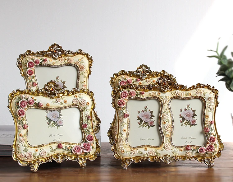 

Hot Selling Newest 5 Inch Double Hole 3.5 Inch 3 Hole 6 Inch 7 Inch 10 Inch Painted Rose Resin Photo Frame Antique Pictures Show