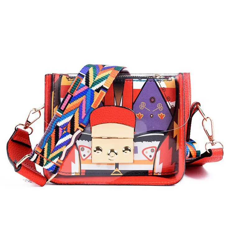 

2019 New Style WOMEN'S Bag Korean-style Versatile Transparent Square Sling Bag Contrast Color Wide-Strap Crossbody Bag Mini Bag