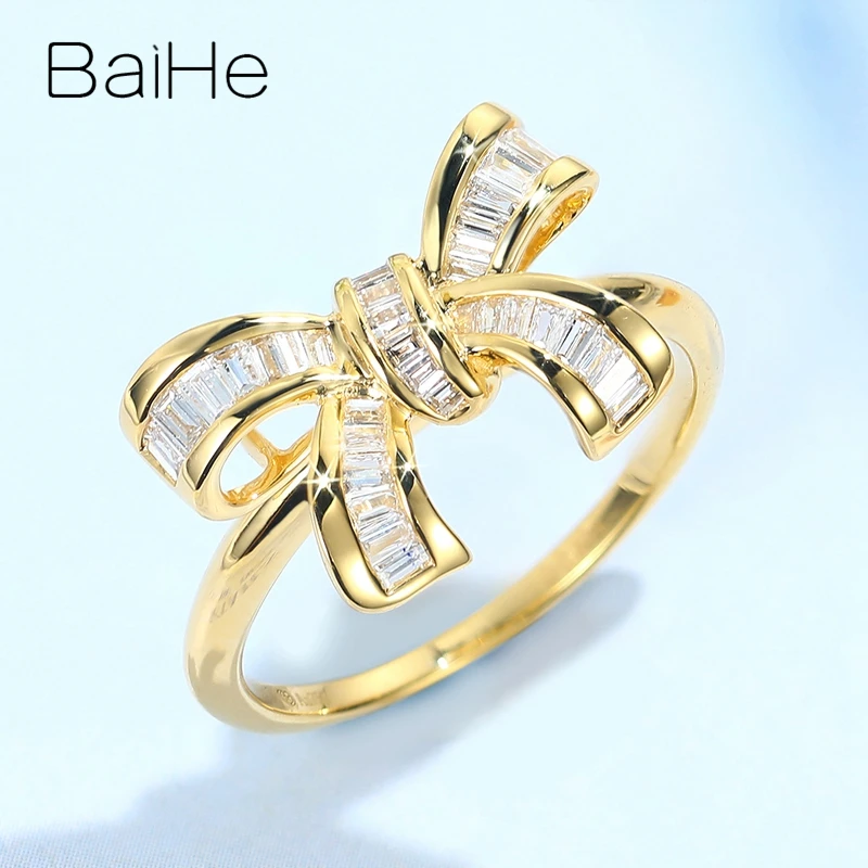 BAIHE, 14 к, желтое золото, около 0.30ct, H/SI, квадратный,, натуральные бриллианты, обручальное кольцо, модное, хорошее ювелирное изделие, бант, подарочное кольцо
