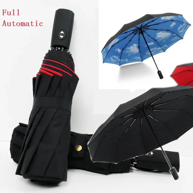 

Full Automatic Oversize Reinforced Umbrella Three Folding Male Female Parasol Umbrella Rain Women Windproof Business Umbrella