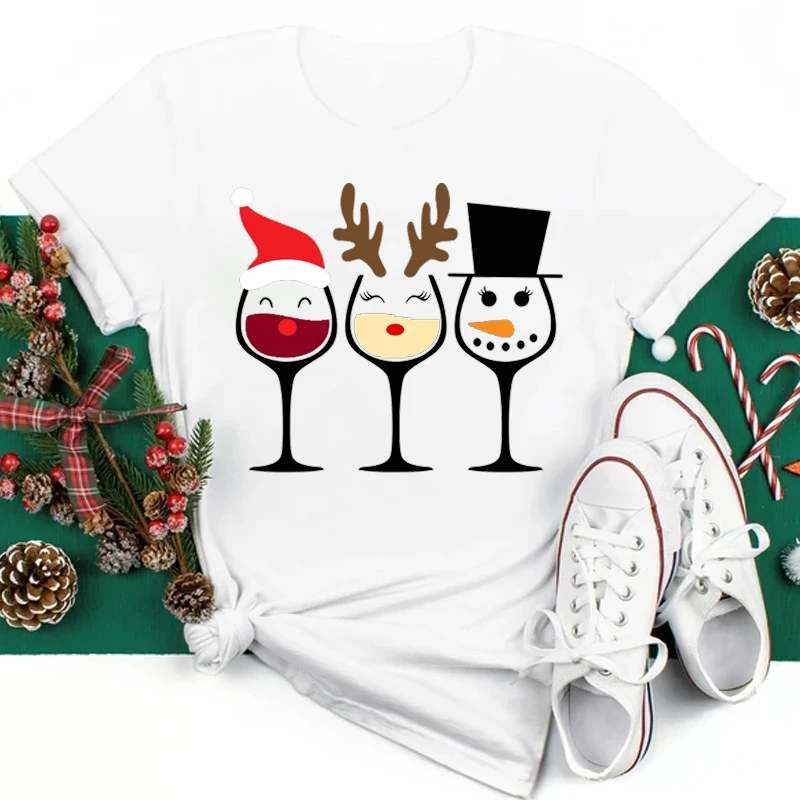 Bicchiere da vino Cappello natalizio Donna T-sh Fashion Lady Holiday Buon Natale Capodanno Top Cartoon Sh Donna Nero965_voghion.com