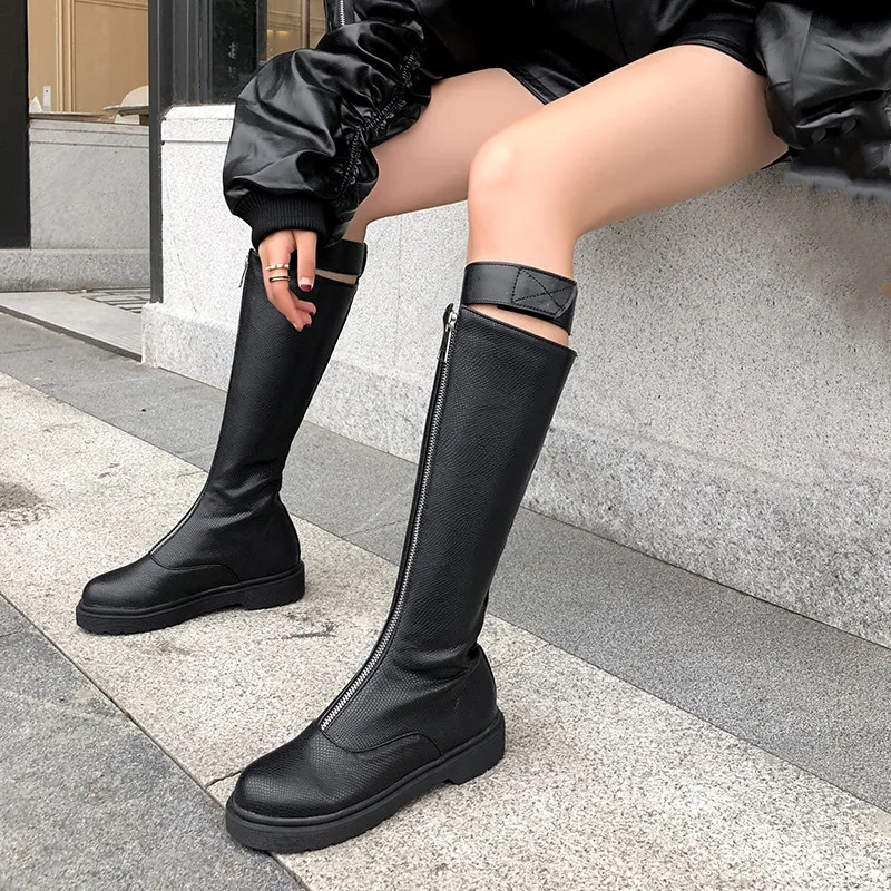 

YMECHIC Snake Print Dot Low Heel Black Womens Shoes Buckle Strap Knee High Long Riding Boots Front Zipper Designer Ladies Boot