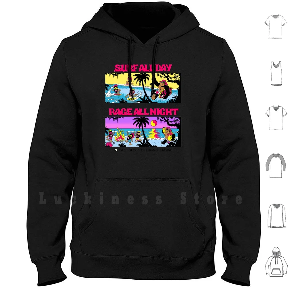 Surf All Day , Rage All Night Felpe Con Cappuccio Manica Lunga T C Personaggi Dei Cartoni Animati Gorilla Tiki Orange County Animali Bambini