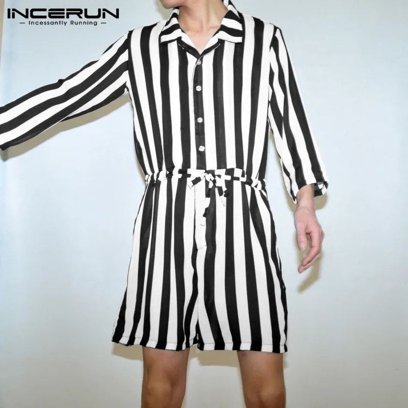 INCERUN Men Striped Romper Pants High Street Playsuit 3/4 Sleeve Lapel Stylish Lace Up Casual Men Overalls Jumpsuit S-5XL