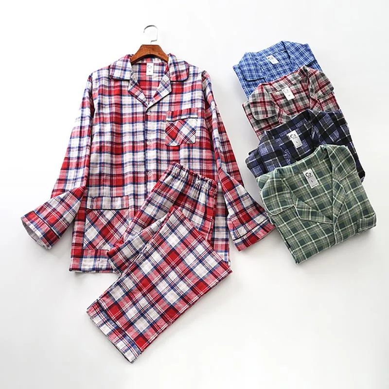 

Autumn Winter New Mens Plaid Simple Style Turn-Down Collar Household Pajamas Set Comfort Loose Cotton Sleepwear 2Pcs Casual Wear