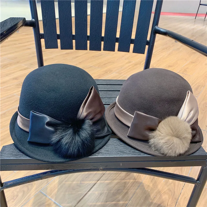 01909-baoliu-pompon winter bowknot wool dinner formal lady bucket cap women outdoor leisure hat