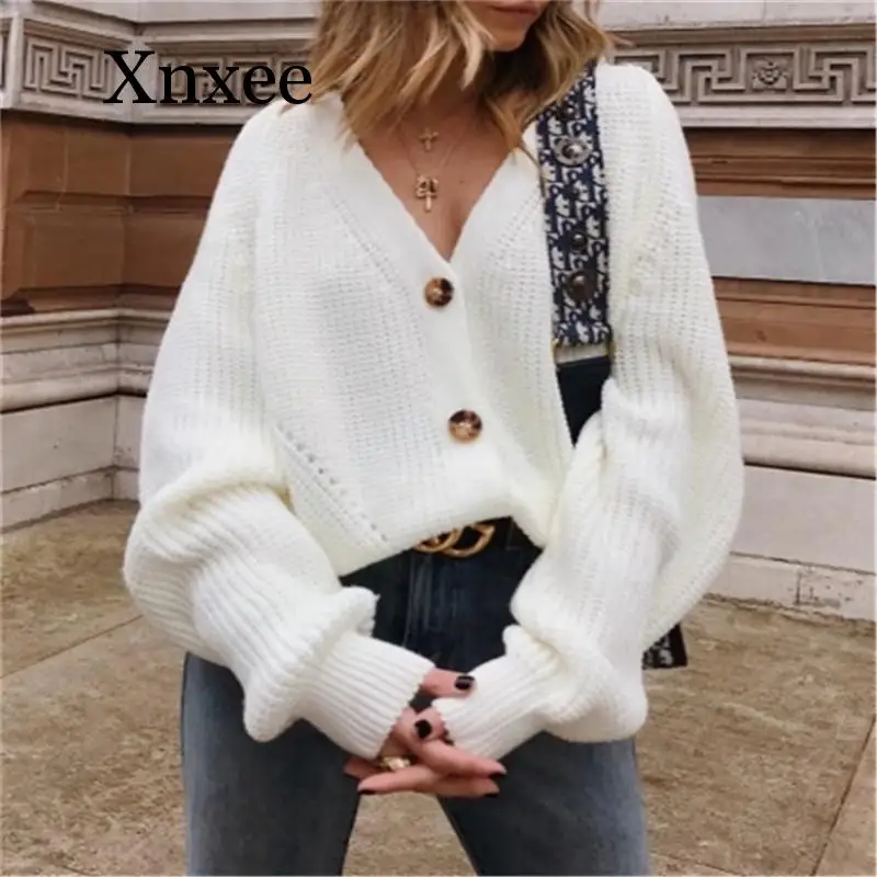 

Elegant Women Cardigans Knitted Sweaters Coat Long Sleeve Loose Casual V-Neck Black White Autumn Winter Short Clothes Wool