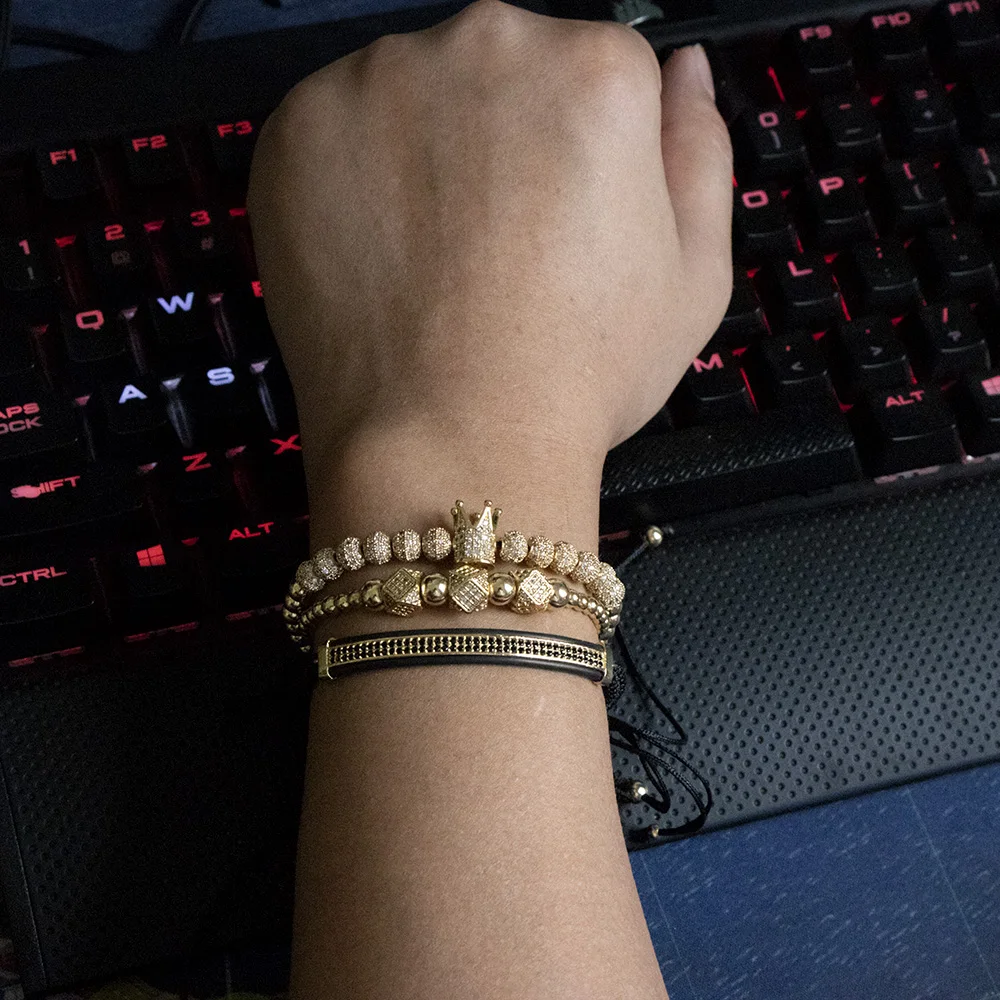 Luxury Jewelry CZ Ball Crown Charm Bracelet Copper Bead Macrame Handmade Men 3pcs Bracelets Set Bangles For Men Jewelry