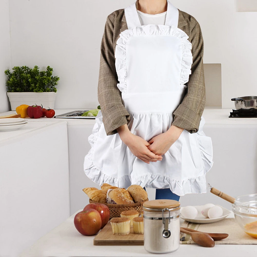 White Sleeveless Cotton Women Maid Apron Ruffle Hem Kitchen Garden Working Accessories Solid Color Apron