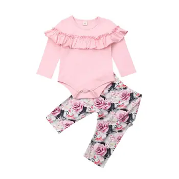 

Pink Cute Rose Print clothes set Toddler Baby Girl Autumn Clothes Flower Romper Tops+Ruffle Long Pants Outfits