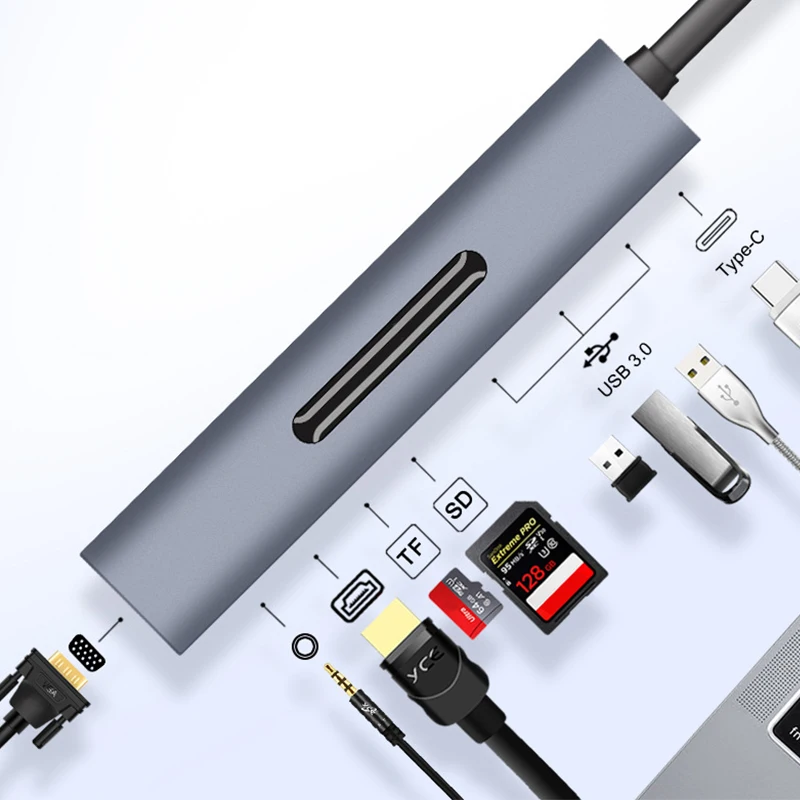 Tipo-C a Hdmi Usb Vga Tf/Sd Audio USB-C Hub 4K Hd Pd di Ricarica Veloce Tfsd lettura Della Carta Hu