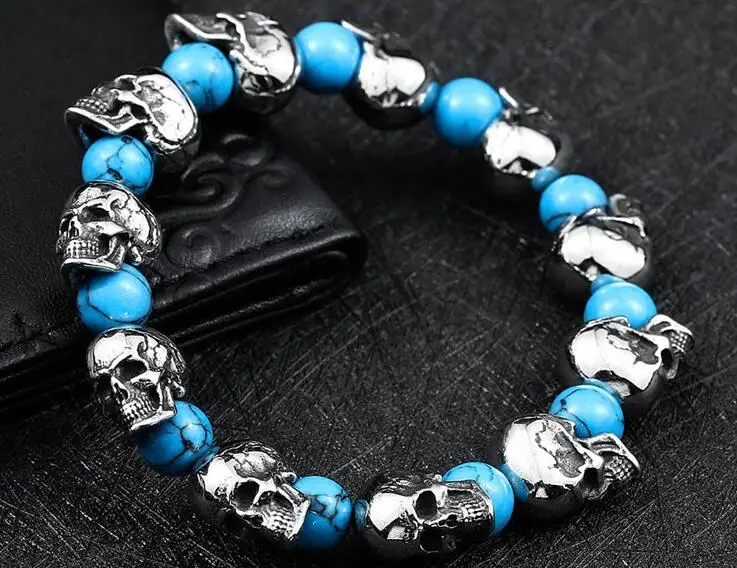 

Charming and fashionable titanium steel skull Inlaid Turquoise men's Bracelet