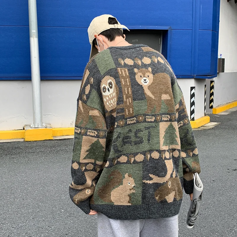 ZAZOMDE Winter Sweaters Men Casual Round Neck Bear Pattern Retro Mens Pullovers Hip Hop Couple Sweater High Street Pullover 2021