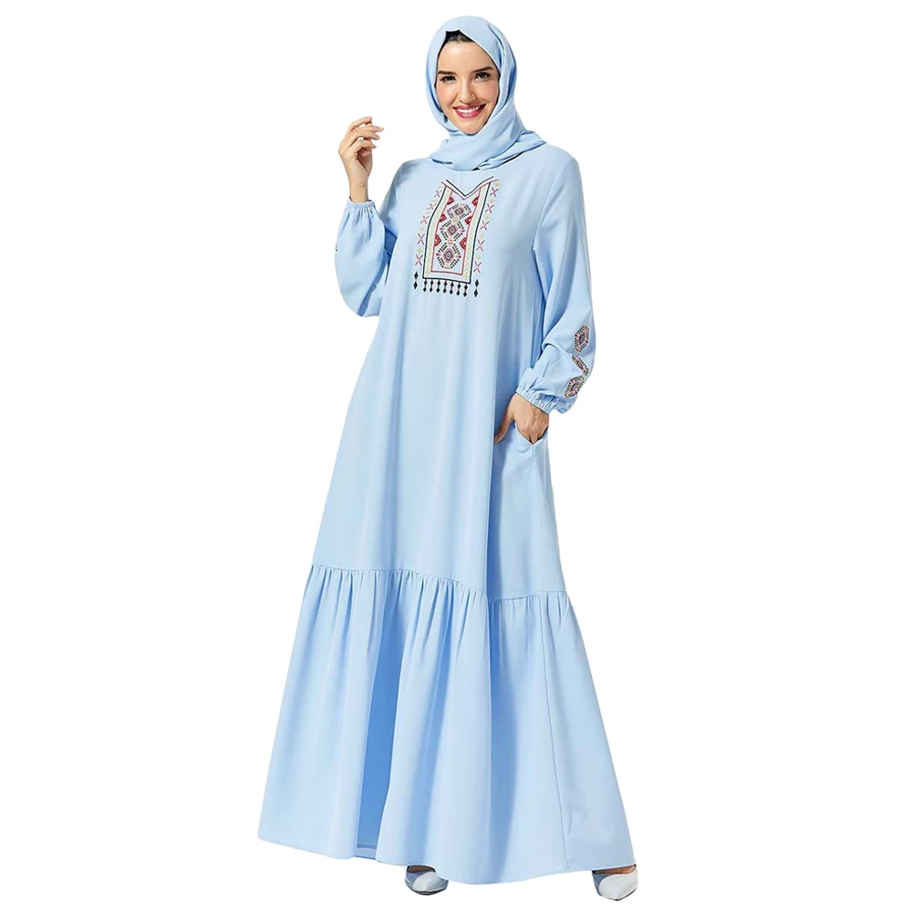 Light Blue Этнический стиль абайя кафтан мусульманское женское гофрированное Длинное Макси платье исламский кафтан халат арабское винтажное вечерние коктейльное платье Мода - Цвет: Light Blue
