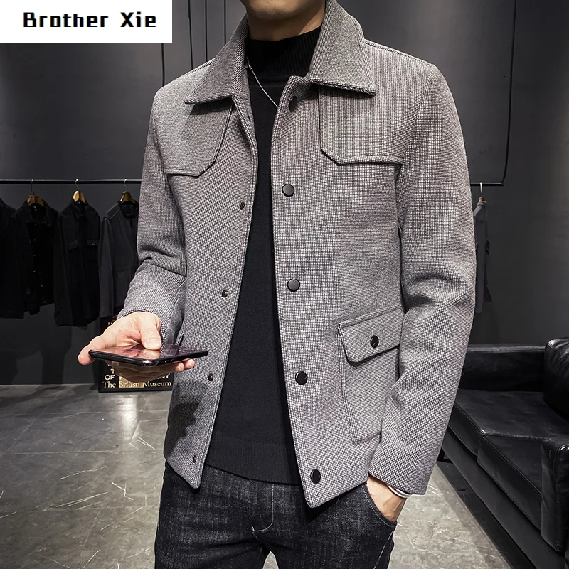 

Winter Short Woolen Coat Men's Slim Fashion Solid Color Casual Woolen Jacket Man Streetwear Wild British Wind Woolen Coat Male
