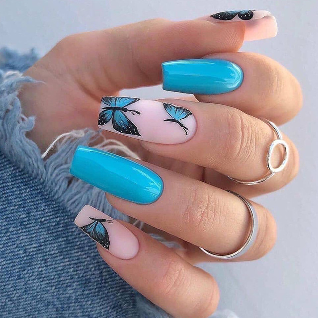 Blue Butterfly Fake Long Nails Tips Matte Press On Nails Coffin Full Cover Ballerina Wearable Design Artificial False