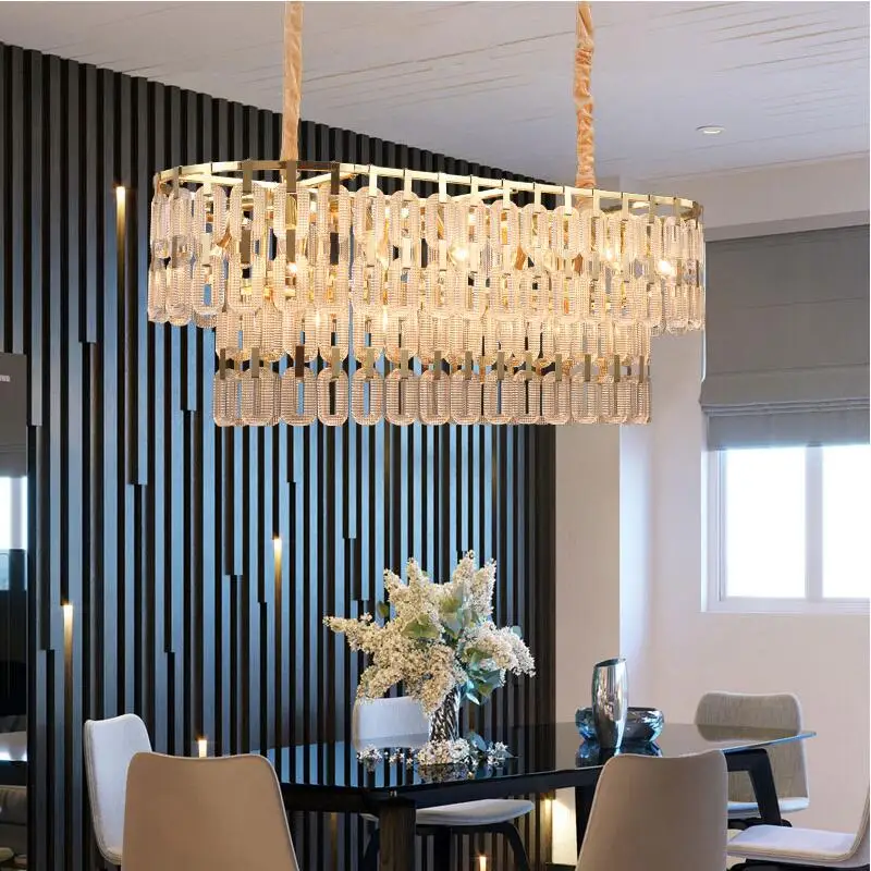 

New design crystal chandelier decorates the living room luxury rectangular island golden LED chandelier