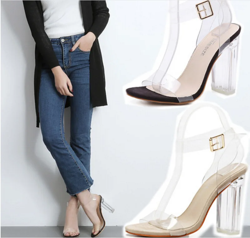 

Ankle Strap Heels Women Sandals Summer Shoes Women Open Toe Chunky High Heels Party Dress Transparent Sandals Big Size 42 C320