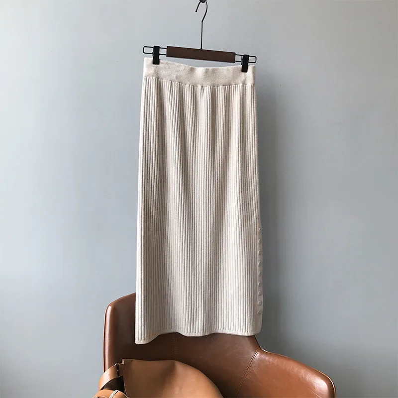 Новая однобортная длинная трикотажная Женская юбка с разрезом эластичная Faldas Mujer Moda зимняя Элегантная черная Теплая юбка-карандаш с запахом