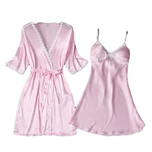 Винтажный женский пижамный комплект, сексуальное шелковое соблазнительное кружевное платье на бретельках, 2 предмета, платье и пальто