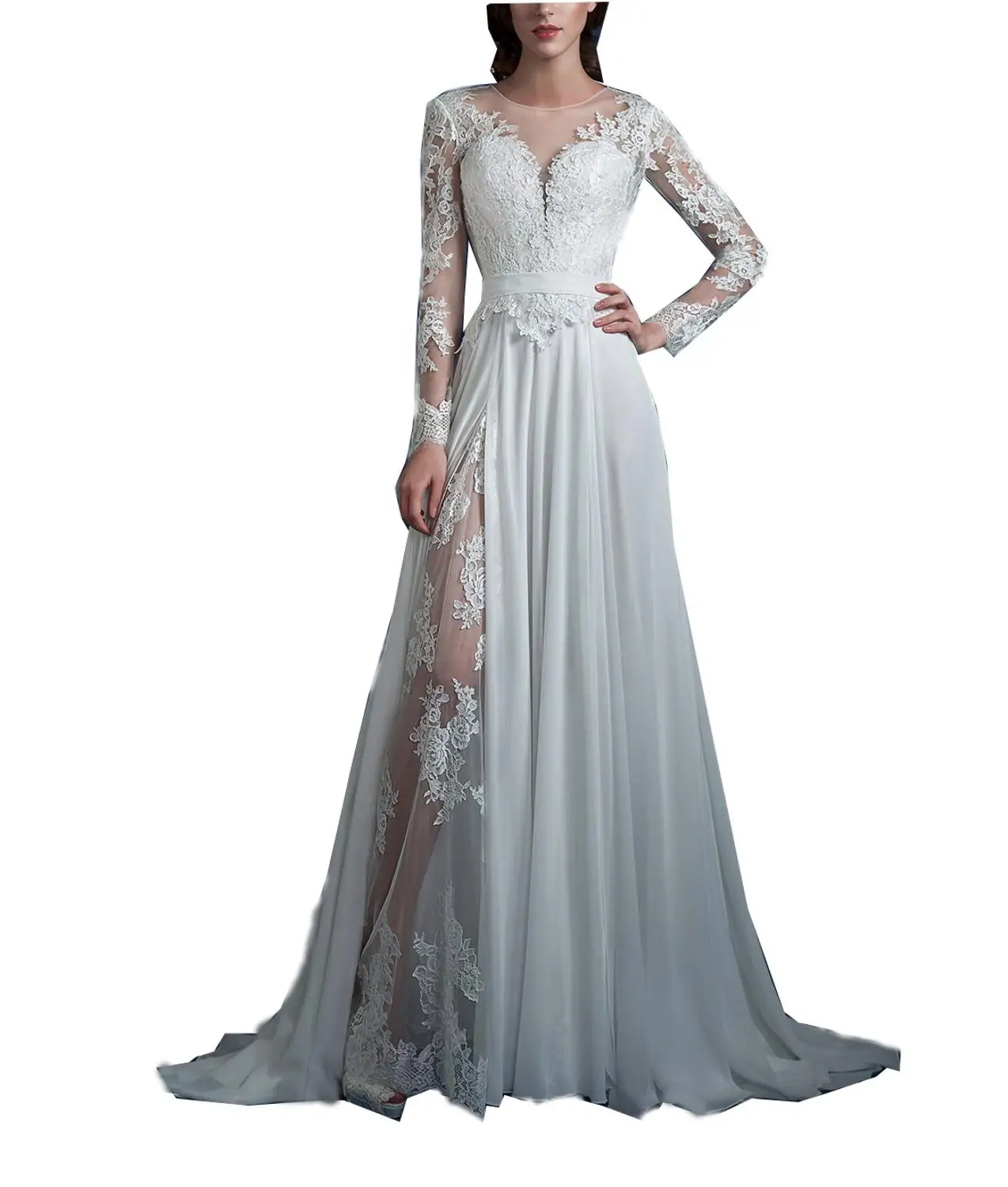 

White Beach Bridal Gown Long Sleeves Front Splited Lace Appliques Sweep Train Custom-Made Simple Wedding Dresses
