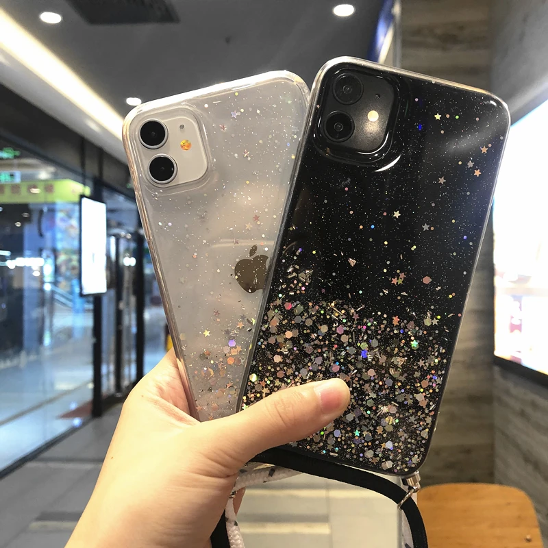 Чехол для телефона с блестками huawei p30 p40 p10 pro прозрачный чехол nova2 3 4 5 5i 6 7 ремешком