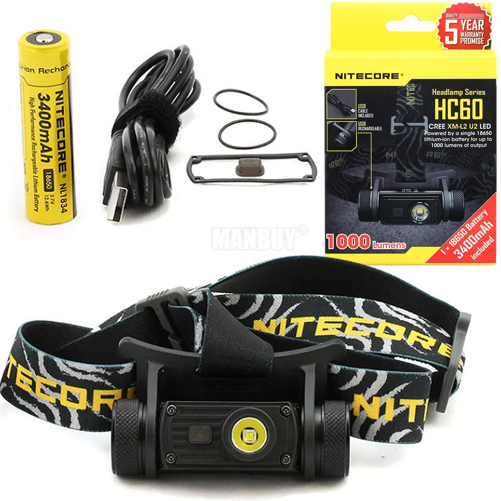 NITECORE HC60 HC60W USB Rechargeable Headlamp CREE XM-L2 U2 1000 Lumens Camping Headlight + 3400mAh 18650 Battery Free Shipping