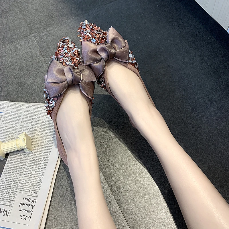 

Fashion Leather Woman Shallow Flats Fashion Sequined Rhinestone Comfort Loafer Ladies Ballerina Shoes Shallow Bow Woman Shoes