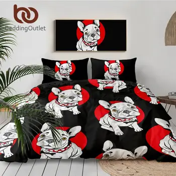

BeddingOutlet Pug Dog Bedding Set Cartoon Pet Bulldog Duvet Cover Set for Kids Bedclothes Queen Black and Red Home Textiles