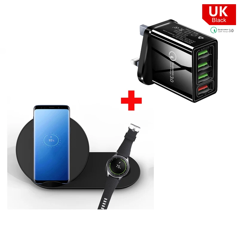 Black with UK Plug 2 в 1 Быстрое беспроводное зарядное устройство Qi для iPhone 11 pro X samsung S8 Беспроводная зарядная подставка для samsung gear S2 S3 держатель для телефона Подставка - Цвет: Black with UK Plug
