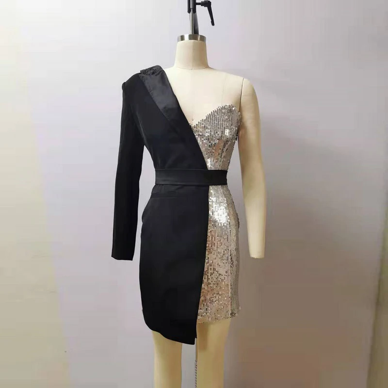 Модное женское черное платье с длинным рукавом, с одним плечом и блестками, высококачественное праздничное платье в стиле пэчворк - Цвет: Black