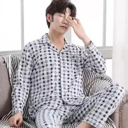 Men's Sets Pajama Loose Plus Size Knitted Cotton Home Suit Spring Summer Winter Bathe Casual Plaid Can Be Worn Outside Simple