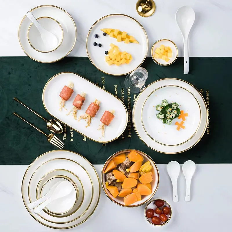 Bright Gold Rim White Porcelain Kitchen Dinner Plate Ceramic Tableware Food Dishes Rice Salad Noodles Bowl 1pcs