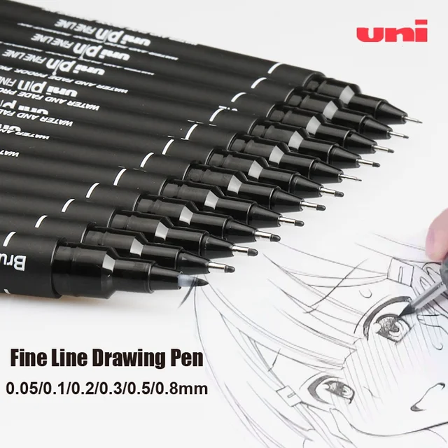 Uni Pin Fineliner Drawing Pen - Complete Set of 11 Grades - Black