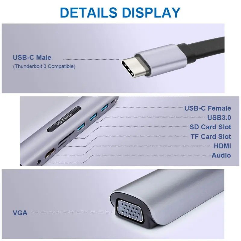 9 в 1 Тип с разъемами типа C и HDMI/VGA/usb-хаб 4K адаптер конвертер TF защищенная цифровая карта памяти слот Универсальный