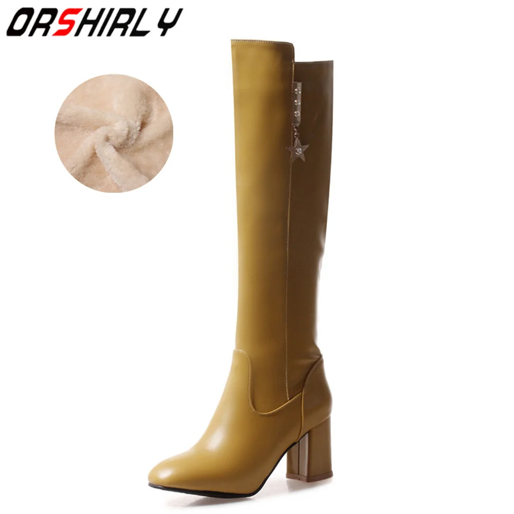 

Orshirly 2019 new design winter women motorcycle boots knee-high round toe comfortable square heels spring autumn big size 34-45