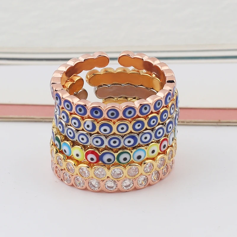 Lucky Eye Blue Turkish Evil Eye Open Ring Copper Gold Color Finger Rings Adjustable for Women Girls Men Fashion Jewelry
