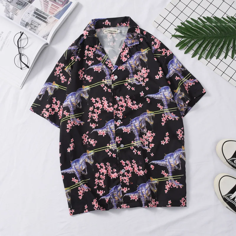 

Women Dinosaur Sakura Blouse Black Streetwear Shirt Super Quality Clothes Summer Tops Leisure Short Sleeve Loose Girlfriend Gift