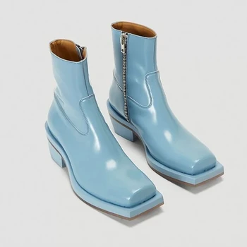 

new brand 2020 autumn winter women ankle boots shoes square heel platform black blue beige red shoes woman casual riding boots