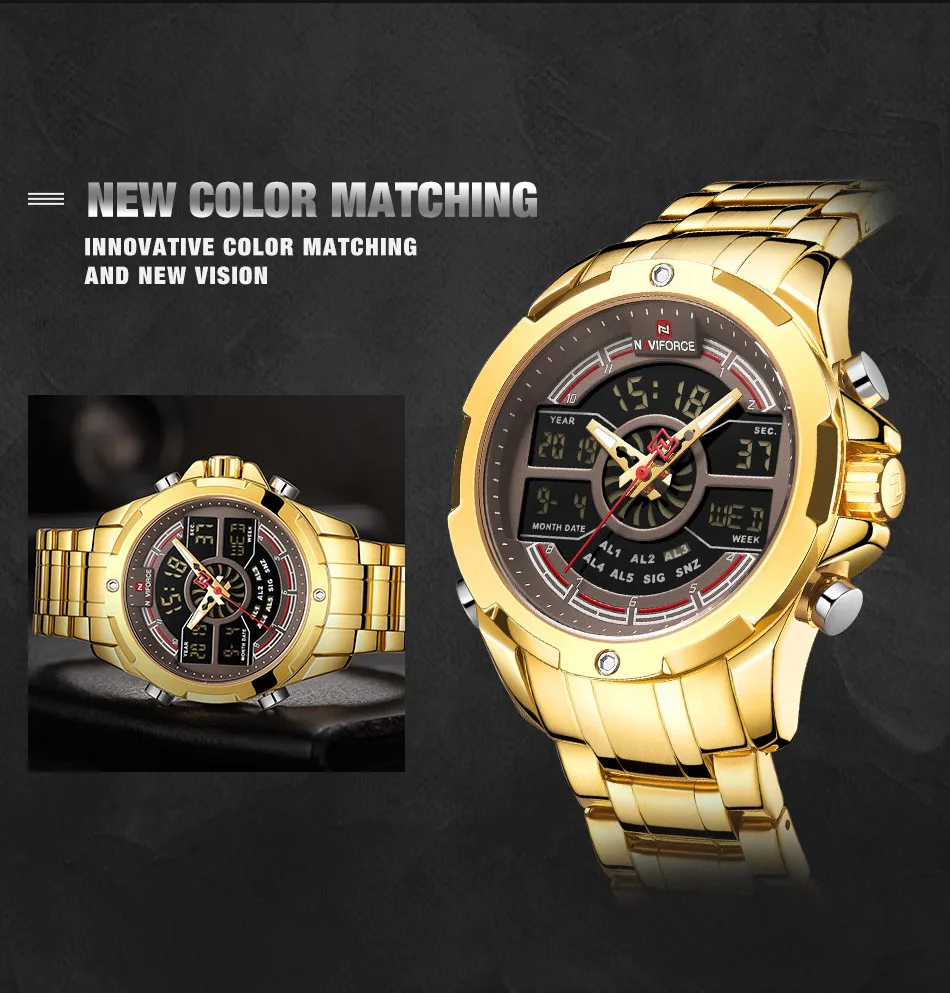 NAVIFORCE Sport Men Watches Fashion Digital Quartz Wrist Watch Steel Waterproof Dual Display Date Clock Gold Relogio Masculino