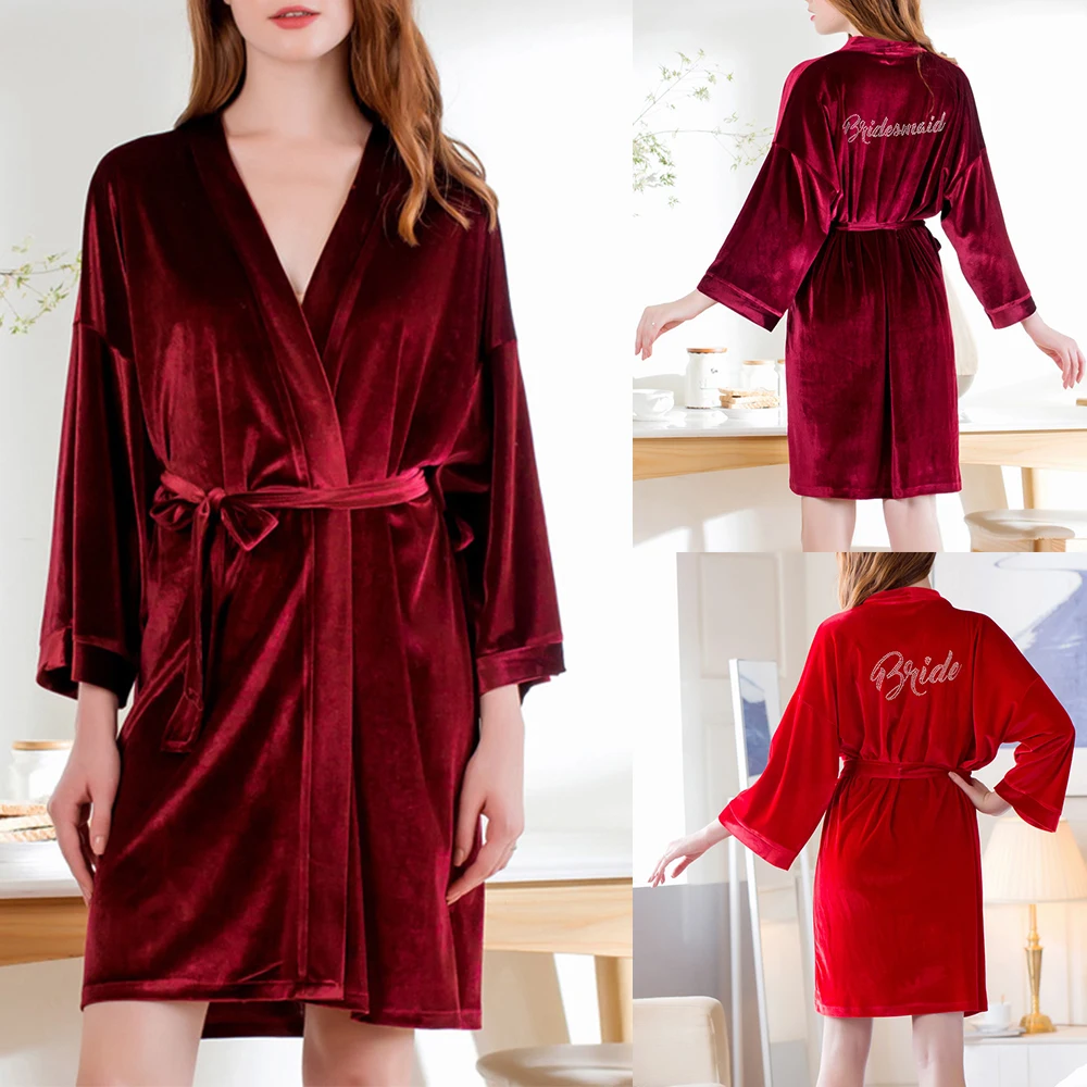 Зимний женский халат, золотой бархат, с принтом в виде букв, теплое кимоно, банные халаты, одежда для сна, сексуальный красный халат для подружки невесты, bademantel D30