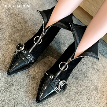 

Fashion Women's Ankle Boots Genuine Leather Ladies Martin Boots Handmade Pointed Toe Skinny Boots Woman Stretch Boots 2020 New