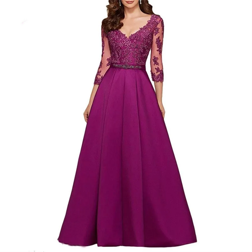 

Purple 3/4 Long Sleeves Evening Dresses 2020 Elegant Lace Appliqued Beaded Long Formal Gowns Illusion V-Neck Satin Prom Dress